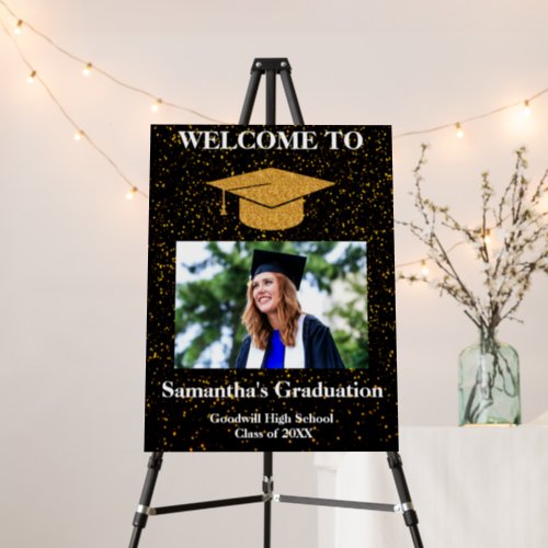 Black Gold Glitter Graduation Photo Welcome Sign  