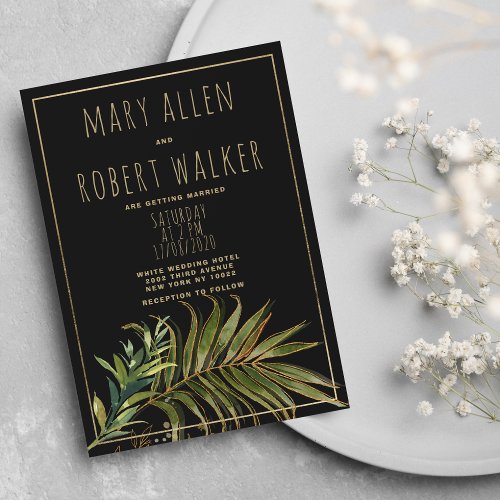 Black gold glitter green palm tree leaf wedding  invitation