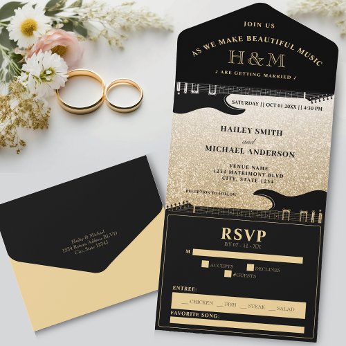 Black  Gold Glitter Guitar Wedding All In One Invitation