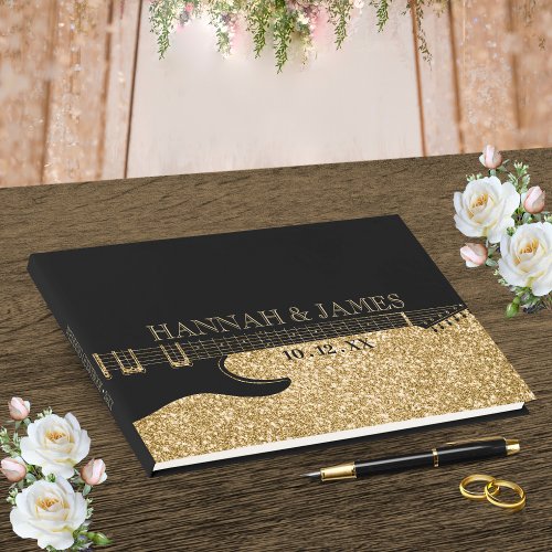 Black  Gold Glitter Guitar Wedding Guest Book