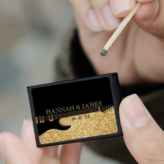Black & Gold Glitter Guitar Wedding Matchboxes (Creator Uploaded)