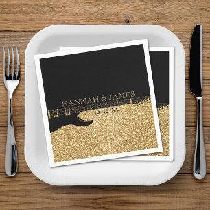 Black & Gold Glitter Guitar Wedding Napkins