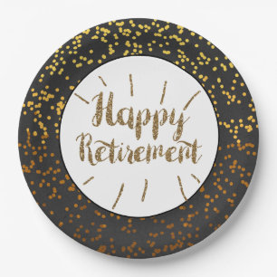 Black Gold Glitter Happy Retirement Paper Plates