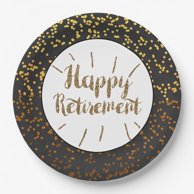 Black Gold Glitter Happy Retirement Paper Plates (Front)