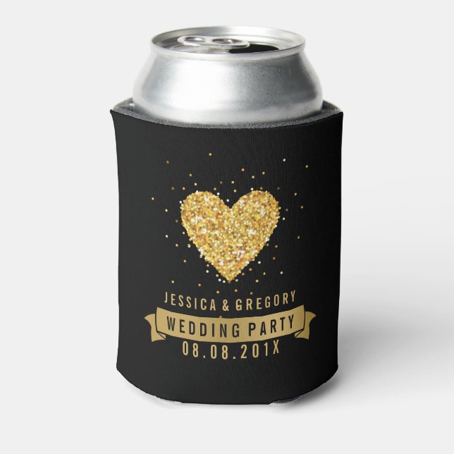 Black & Gold Glitter Heart Illustration Can Cooler (Can Back)