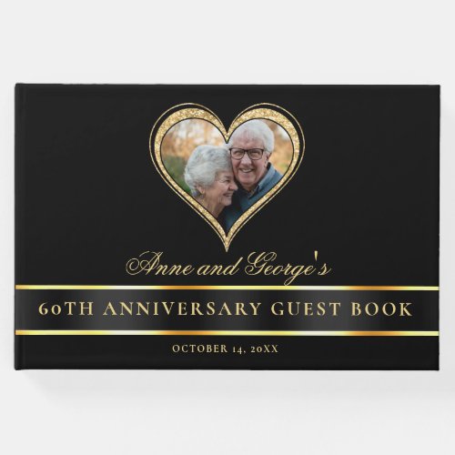 Black Gold Glitter Heart Photo 60th Anniversary Guest Book