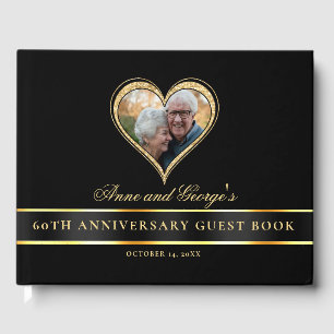 Black Gold Glitter Heart Photo 60th Anniversary Guest Book