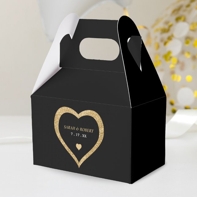 Black & Gold Glitter Heart Wedding Favor Boxes (Black & Gold Glitter Heart Wedding Favor Box)