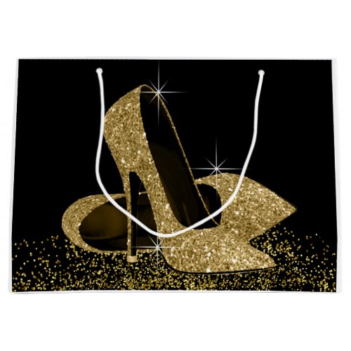 Black Gold Glitter High Heel Shoes Large Gift Bag