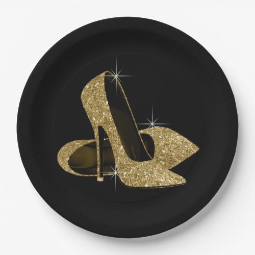 Black Gold Glitter High Heel Shoes Paper Plates