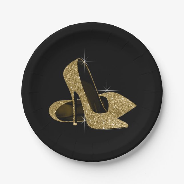 Black Gold Glitter High Heel Shoes Paper Plates (Front)