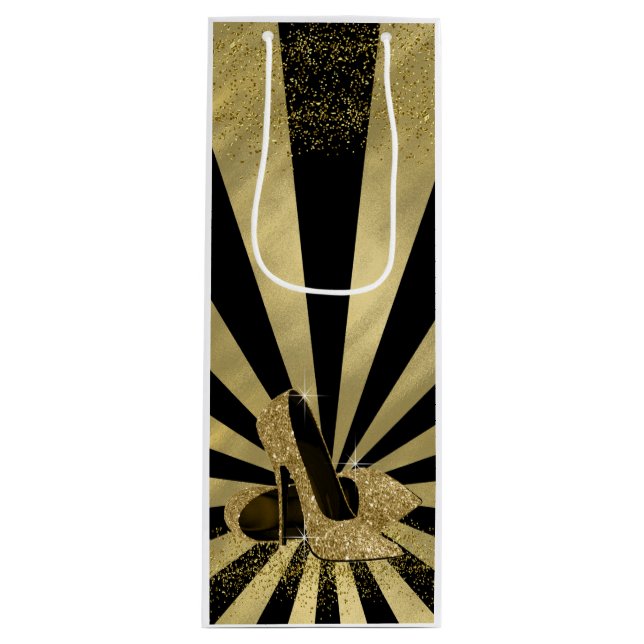 Black Gold Glitter High Heel Shoes Wine Gift Bag (Front)