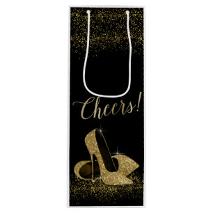 Black Gold Glitter High Heel Shoes Wine Gift Bag