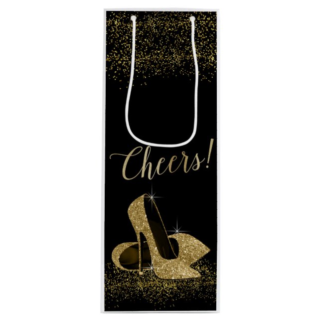 Black Gold Glitter High Heel Shoes Wine Gift Bag (Front)