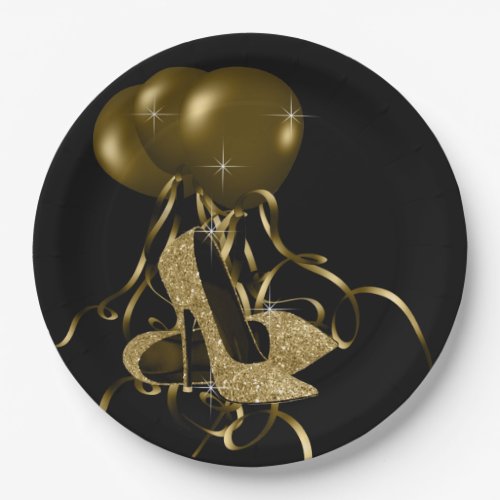 Black Gold Glitter High Heel Shoes Womans Birthday Paper Plates