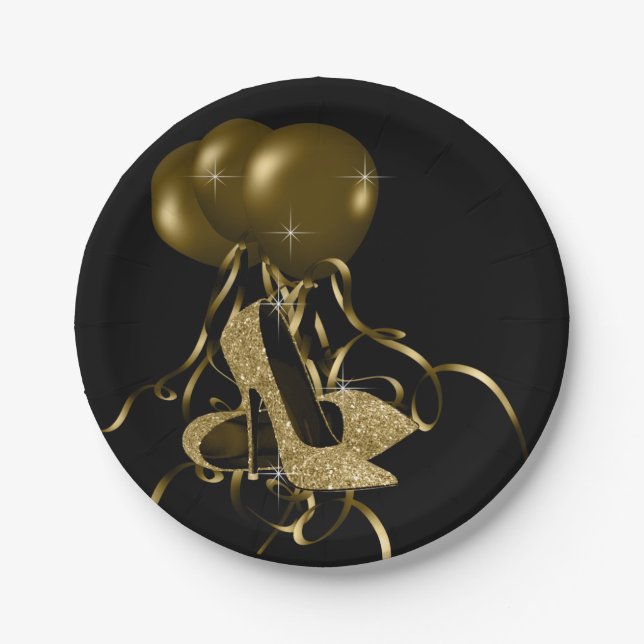 Black Gold Glitter High Heel Shoes Womans Birthday Paper Plates (Front)