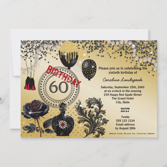 Black Gold Glitter & High Heels 60th Birthday Invitation (Front)