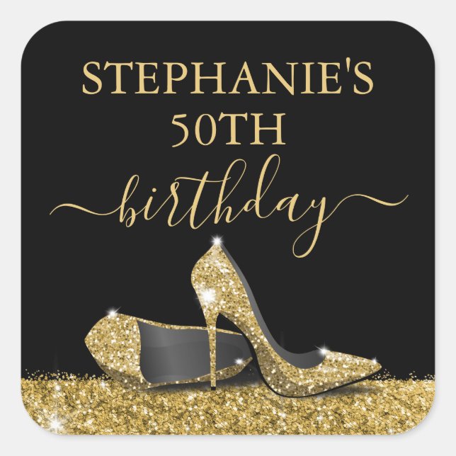 Black Gold Glitter High Heels Birthday Favor Square Sticker (Front)