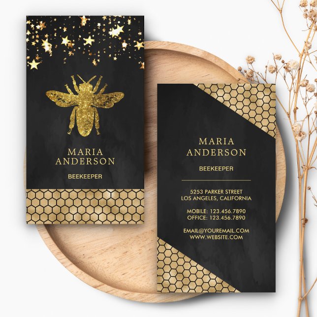 Black Gold Glitter Honey Bee Beekeeper Business Card (Creator Uploaded)