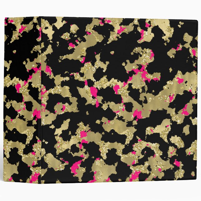 Black Gold Glitter Hot Pink Abstract Peeling Glam 3 Ring Binder (Front/Spine)