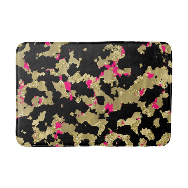 Black Gold Glitter Hot Pink Abstract Peeling Glam Bath Mat (Front)