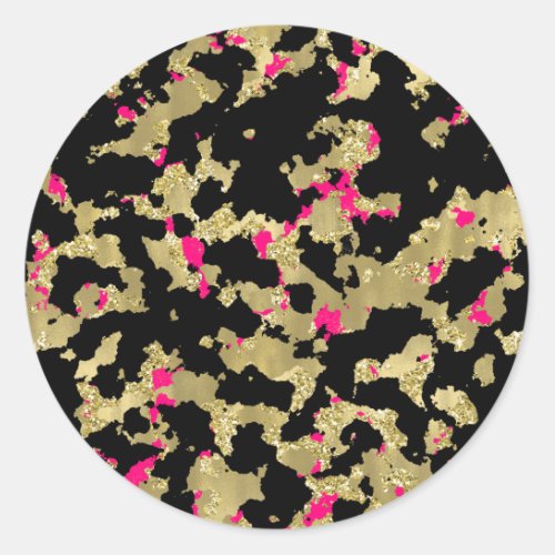 Black Gold Glitter Hot Pink Abstract Peeling Glam Classic Round Sticker