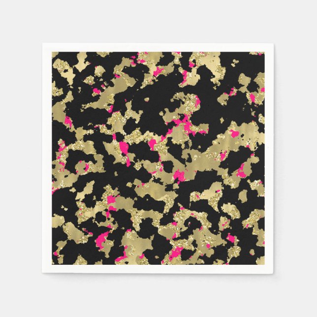 Black Gold Glitter Hot Pink Abstract Peeling Glam Napkins (Front)