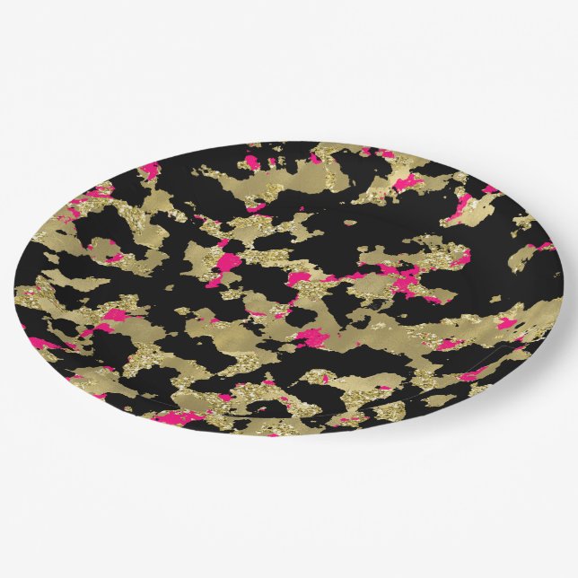 Black Gold Glitter Hot Pink Abstract Peeling Glam Paper Plates (Angled)