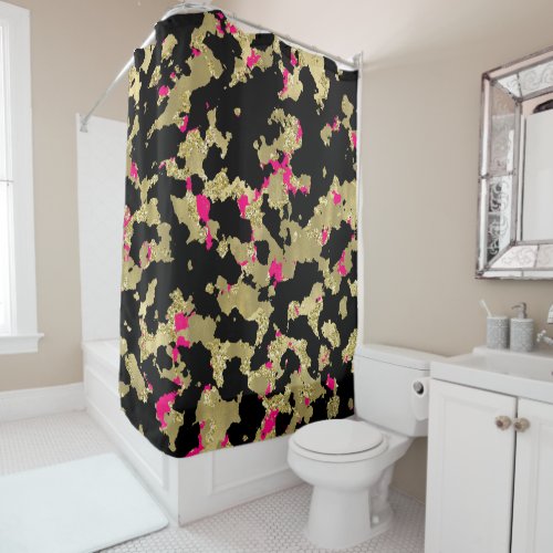 Black Gold Glitter Hot Pink Abstract Peeling Glam Shower Curtain