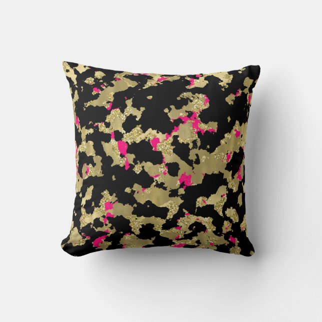 Black Gold Glitter Hot Pink Abstract Peeling Glam Throw Pillow (Front)