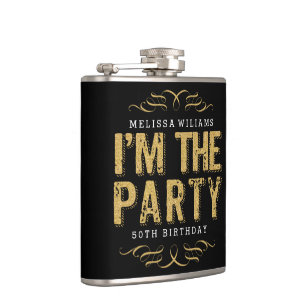 Black & Gold Glitter I'm The Party Modern Text Flask