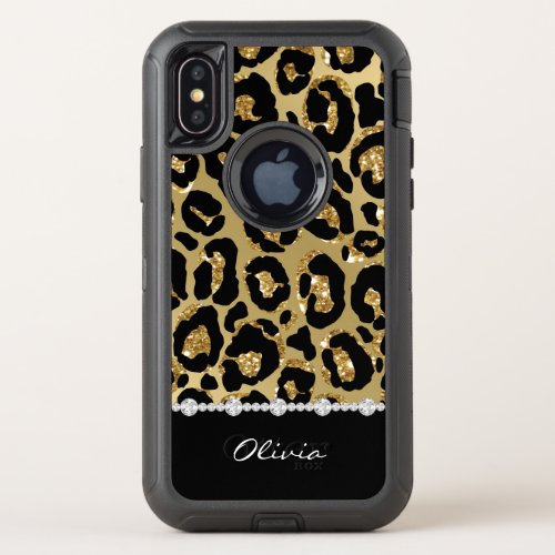 Black  Gold Glitter Jaguar Print Diamonds OtterBox Defender iPhone X Case