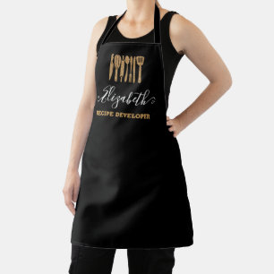 Black Gold Glitter Kitchen Utensils Script Name Apron