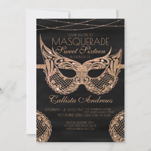 Black Gold Glitter Lace Masquerade Sweet 16 Invitation