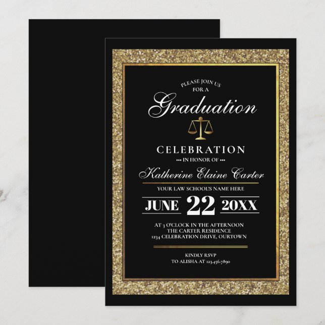 Black|Gold Glitter Law School Graduation Party Invitation (Front/Back)