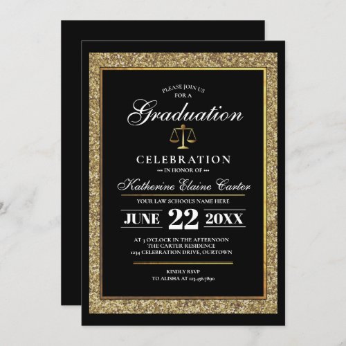 BlackGold Glitter Law School Graduation Party Invitation