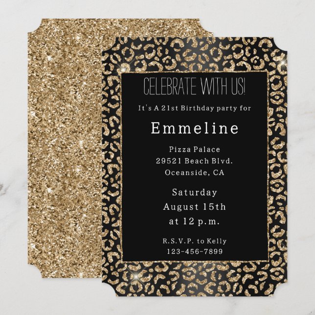 Black Gold Glitter Leopard  Invitation (Front/Back)