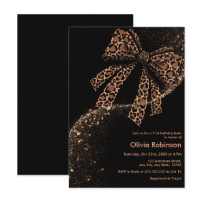Black Gold Glitter Leopard Print Bow 21st Birthday Invitation