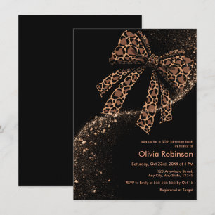 Black Gold Glitter Leopard Print Bow 30th Birthday Invitation