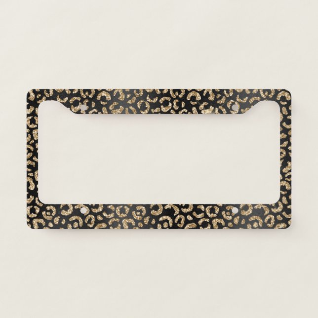 Black Gold Glitter Leopard Print License Plate Frame (Front)