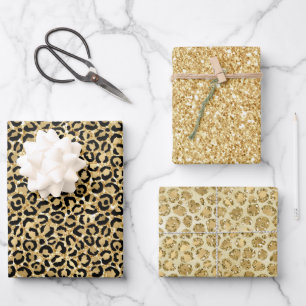 Black Gold Glitter Leopard Print Wrapping Paper Sheets