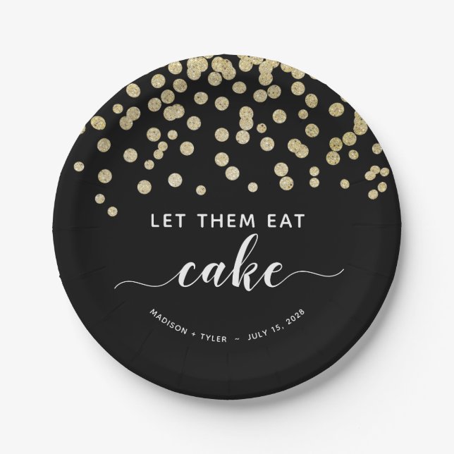 Black & Gold Glitter Let Them Eat Cake Fun Wedding Paper Plates (Front)