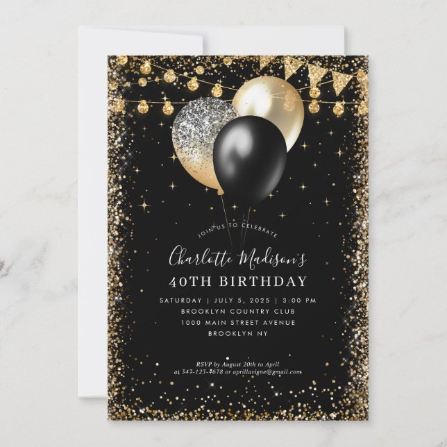 Black Gold Glitter Lights Balloon Any Age Birthday Invitation (Front)