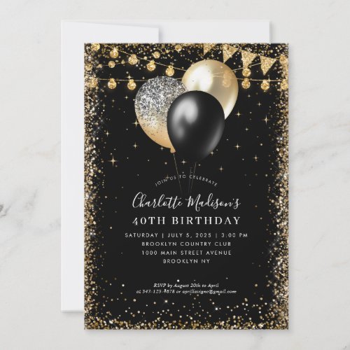 Black Gold Glitter Lights Balloon Any Age Birthday Invitation