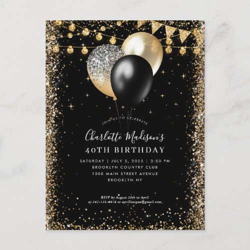 Black Gold Glitter Lights Balloon Any Age Birthday Postcard