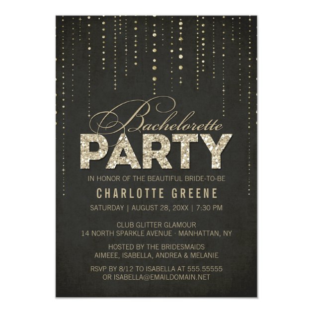 Black & Gold Glitter Look Bachelorette Party Invitation