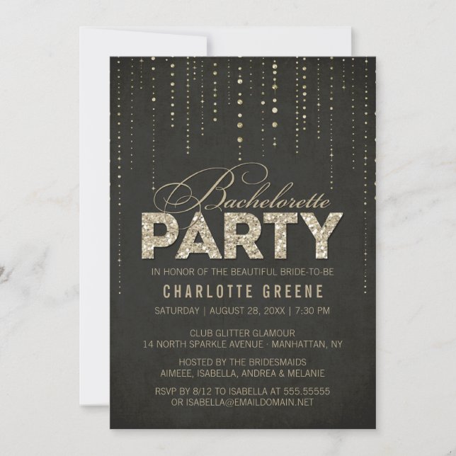 Black & Gold Glitter Look Bachelorette Party Invitation (Front)