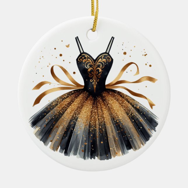 BLACK & GOLD GLITTER LOOK BALLET TUTU CERAMIC ORNAMENT (Front)