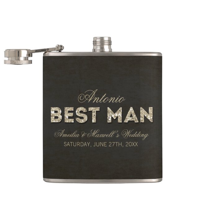 Black & Gold Glitter Look Best Man Flask (Opened)