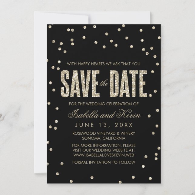 Black & Gold Glitter Look Confetti Save the Date (Front)